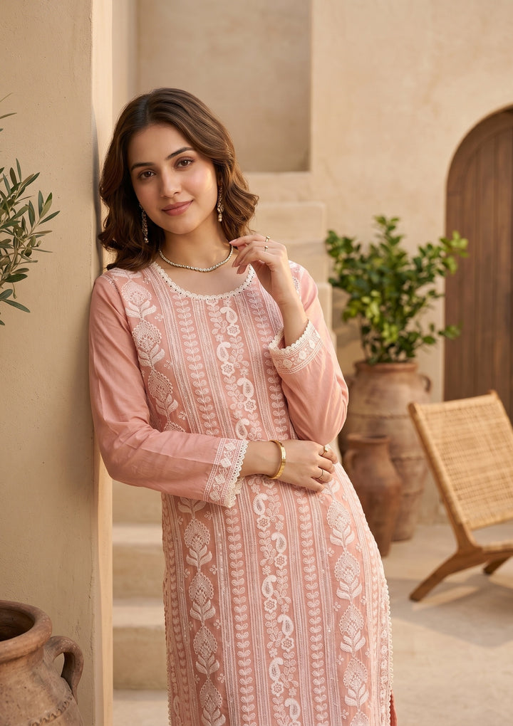 Peach Chanderi Threadwork Straight Kurta With Pant Regular And Dupatta