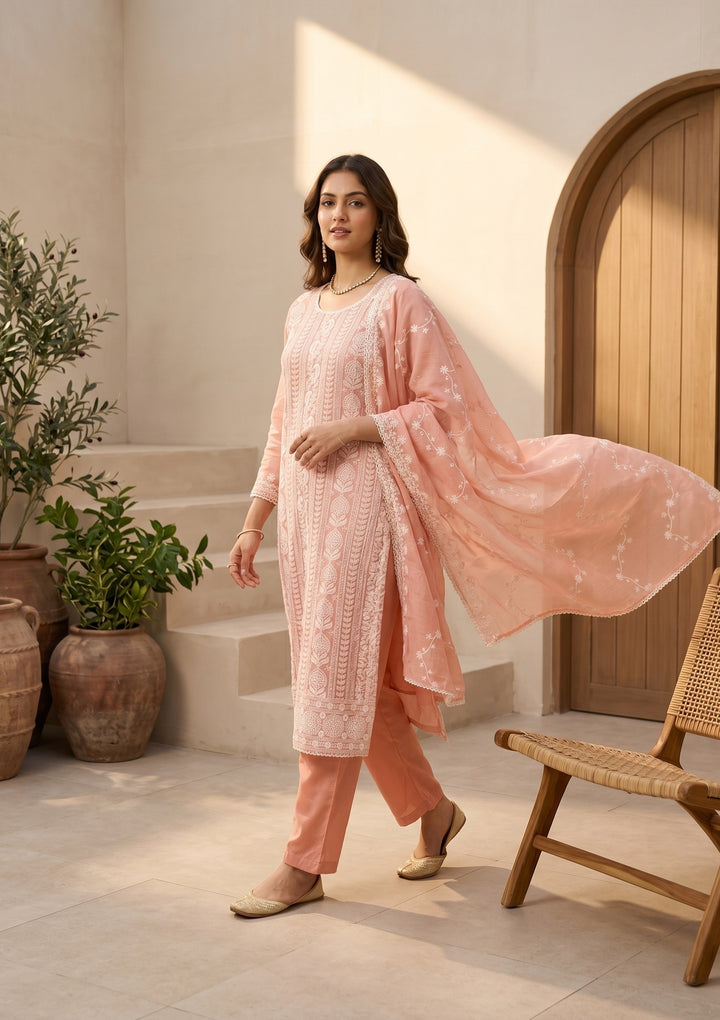 Peach Chanderi Threadwork Straight Kurta With Pant Regular And Dupatta