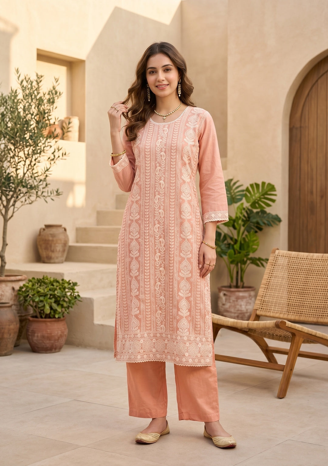 Peach Chanderi Threadwork Straight Kurta With Pant Regular And Dupatta