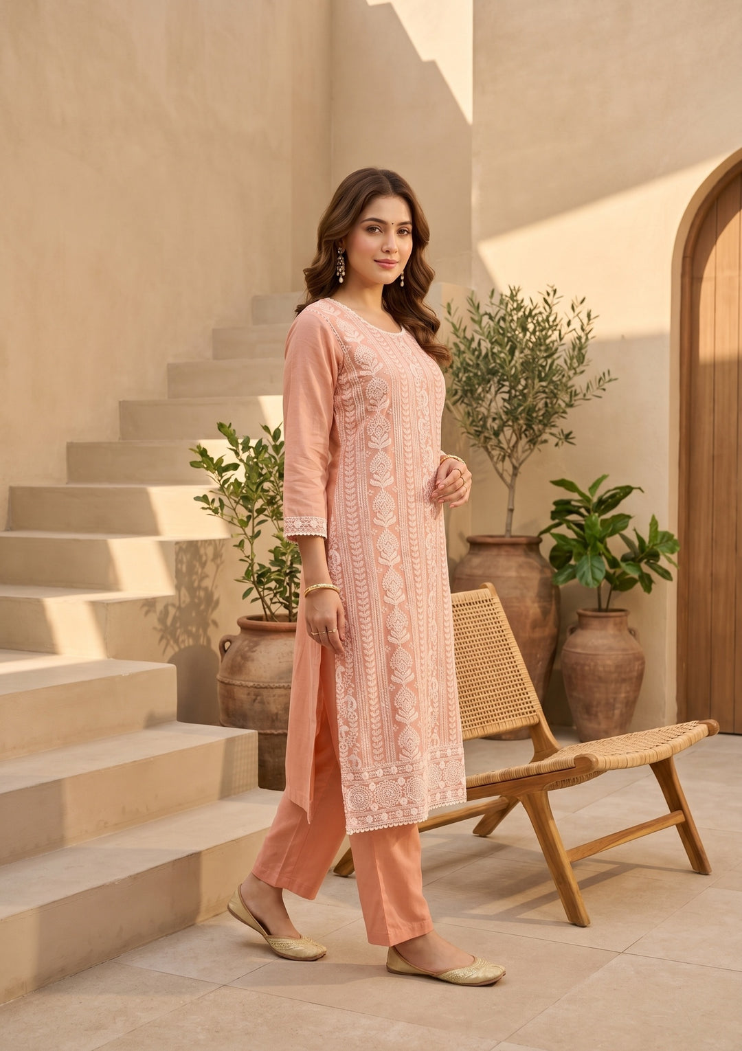 Peach Chanderi Threadwork Straight Kurta With Pant Regular And Dupatta