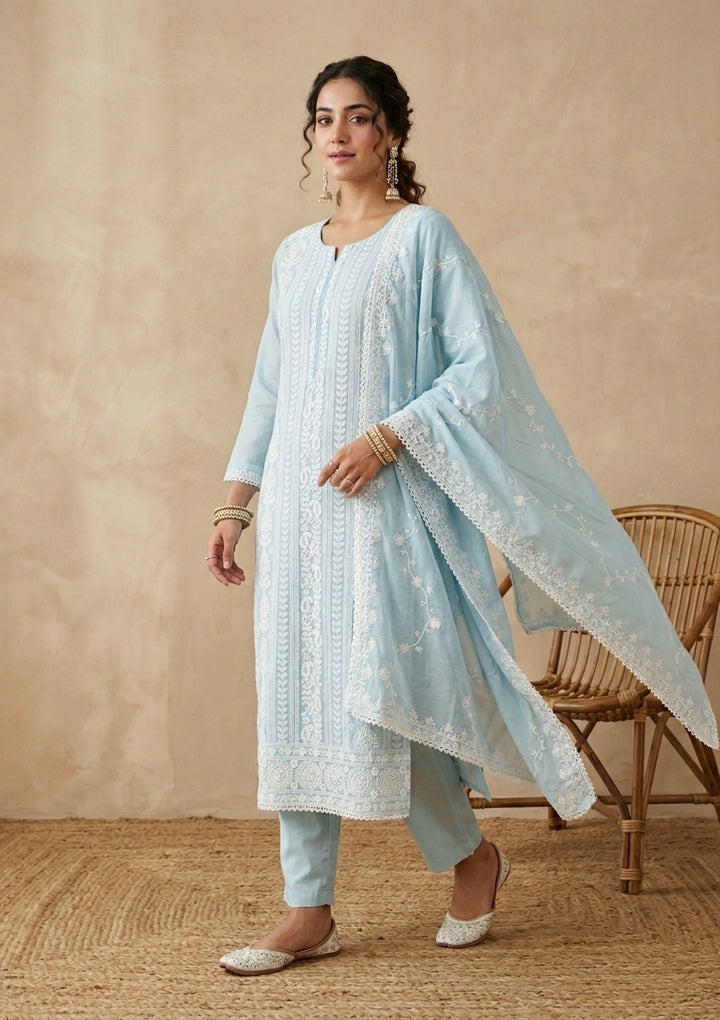 Sky Blue Chanderi Threadwork Straight Kurta With Regular Pant And Dupatta