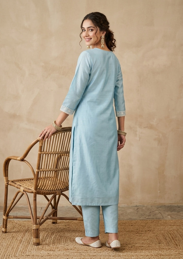 Sky Blue Chanderi Threadwork Straight Kurta With Regular Pant And Dupatta