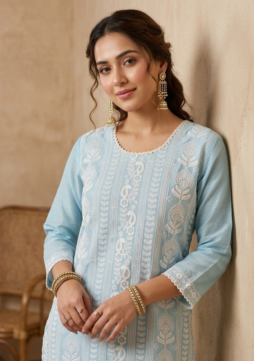 Sky Blue Chanderi Threadwork Straight Kurta With Regular Pant And Dupatta