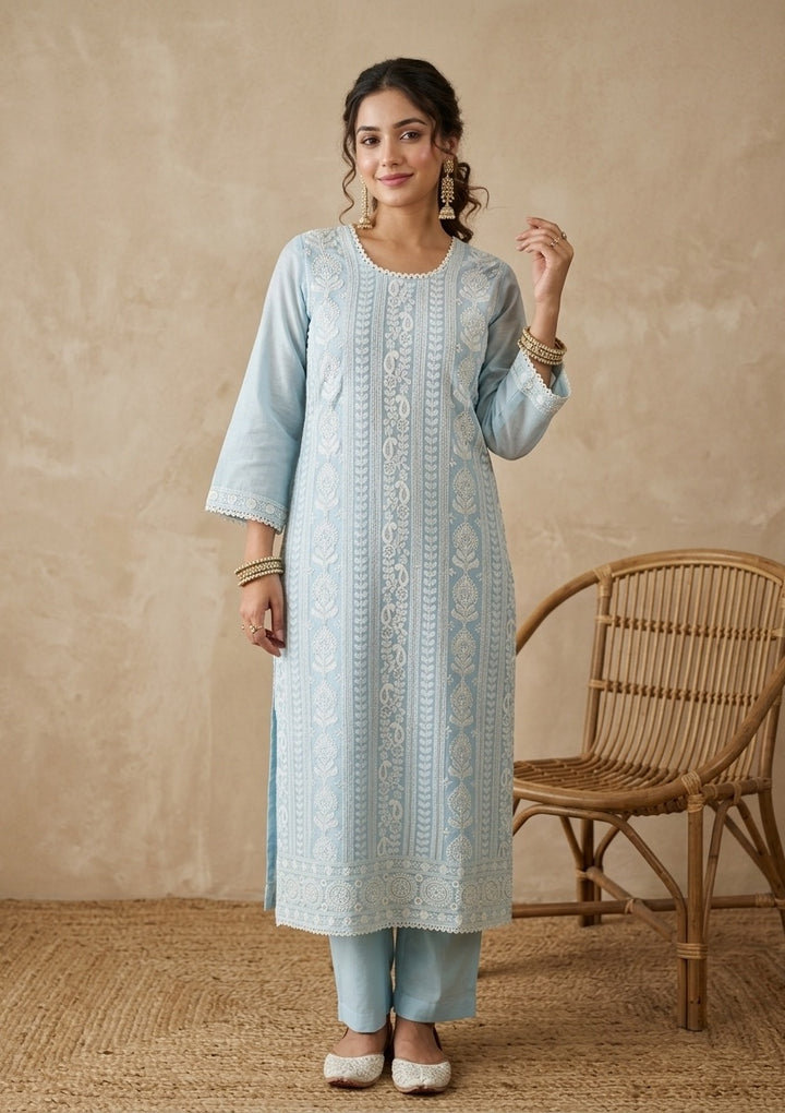 Sky Blue Chanderi Threadwork Straight Kurta With Regular Pant And Dupatta
