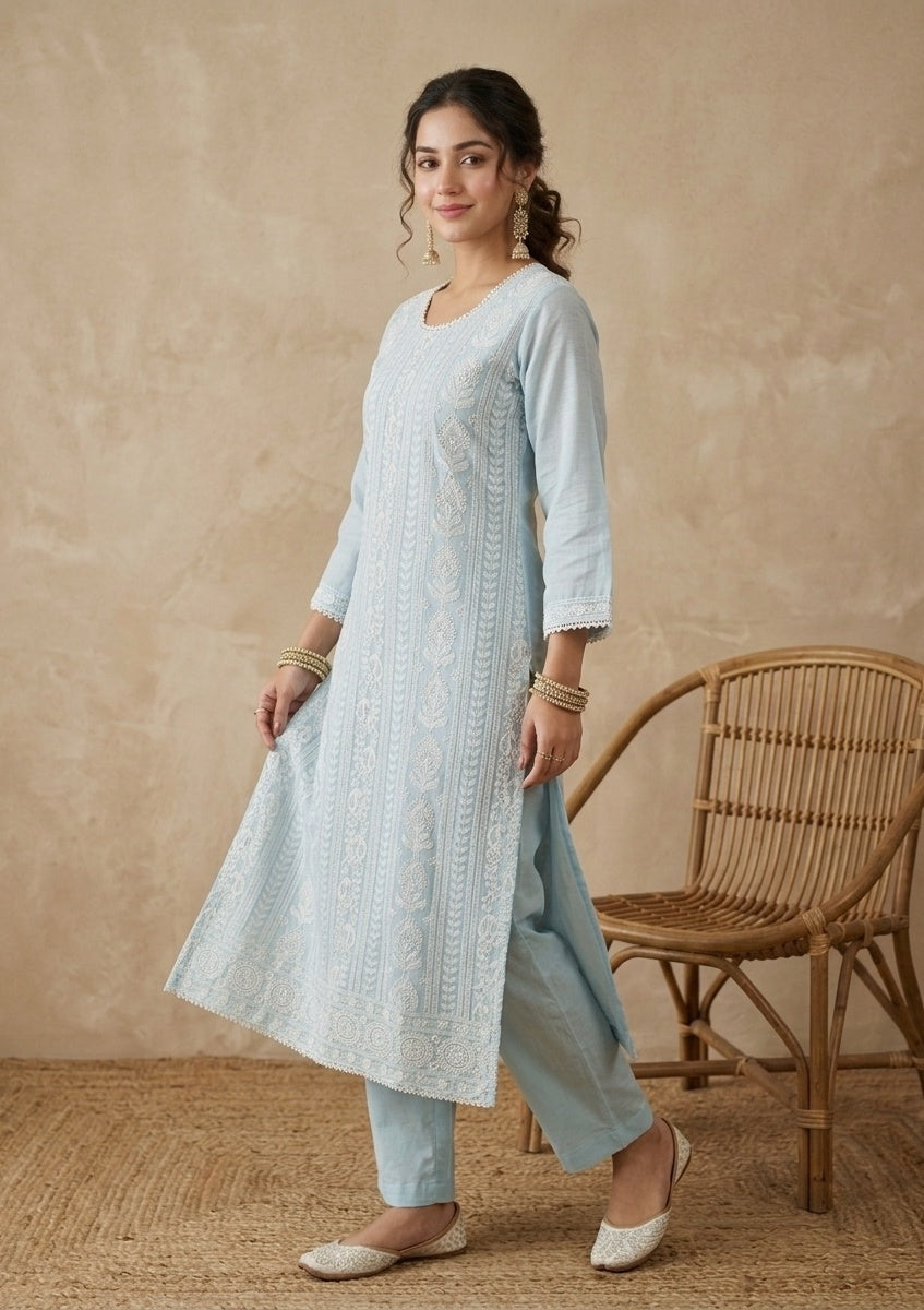 Sky Blue Chanderi Threadwork Straight Kurta With Regular Pant And Dupatta