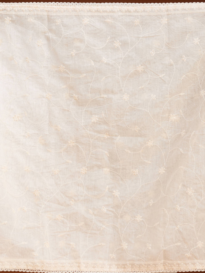 Cream Chanderi Threadwork Straight Kurta With Pant Regular And Dupatta