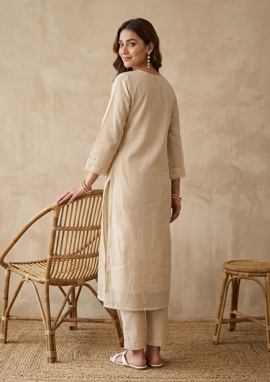 Cream Chanderi Threadwork Straight Kurta With Pant Regular And Dupatta