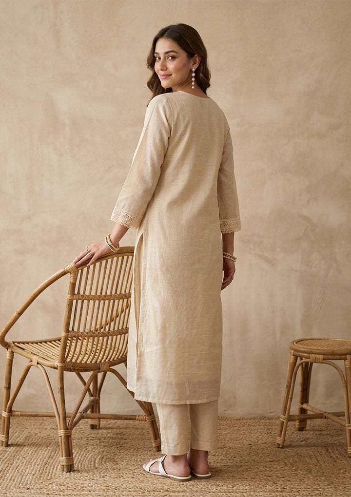 Cream Chanderi Threadwork Straight Kurta With Pant Regular And Dupatta