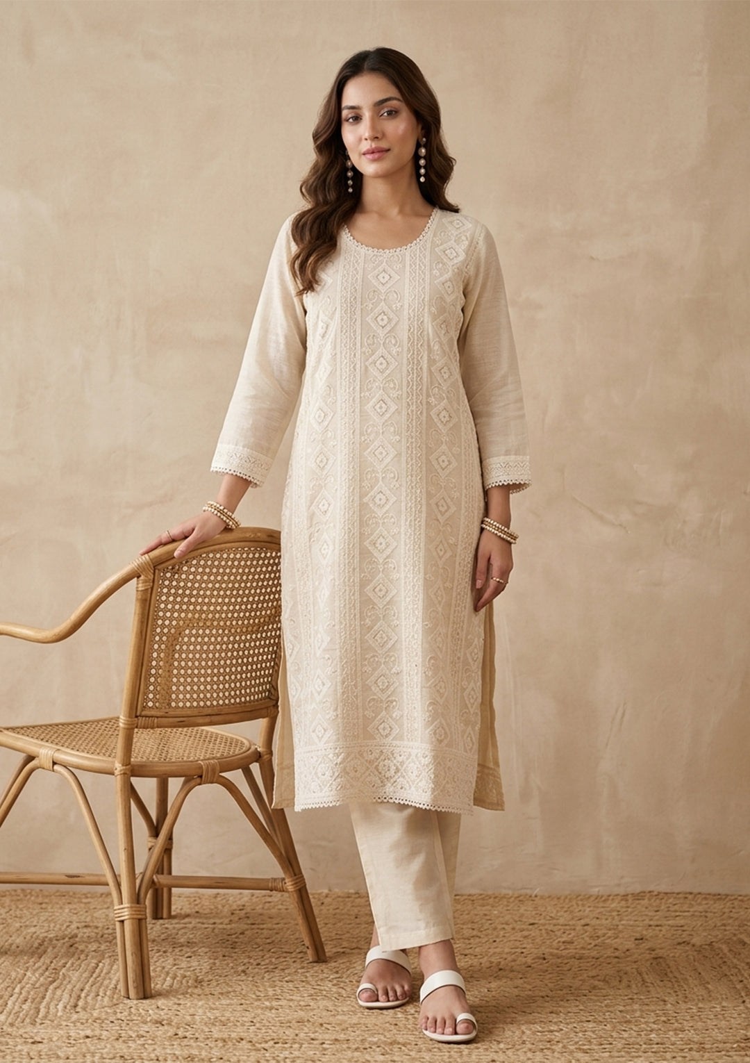 Cream Chanderi Threadwork Straight Kurta With Pant Regular And Dupatta