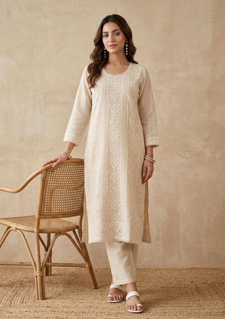 Cream Chanderi Threadwork Straight Kurta With Pant Regular And Dupatta