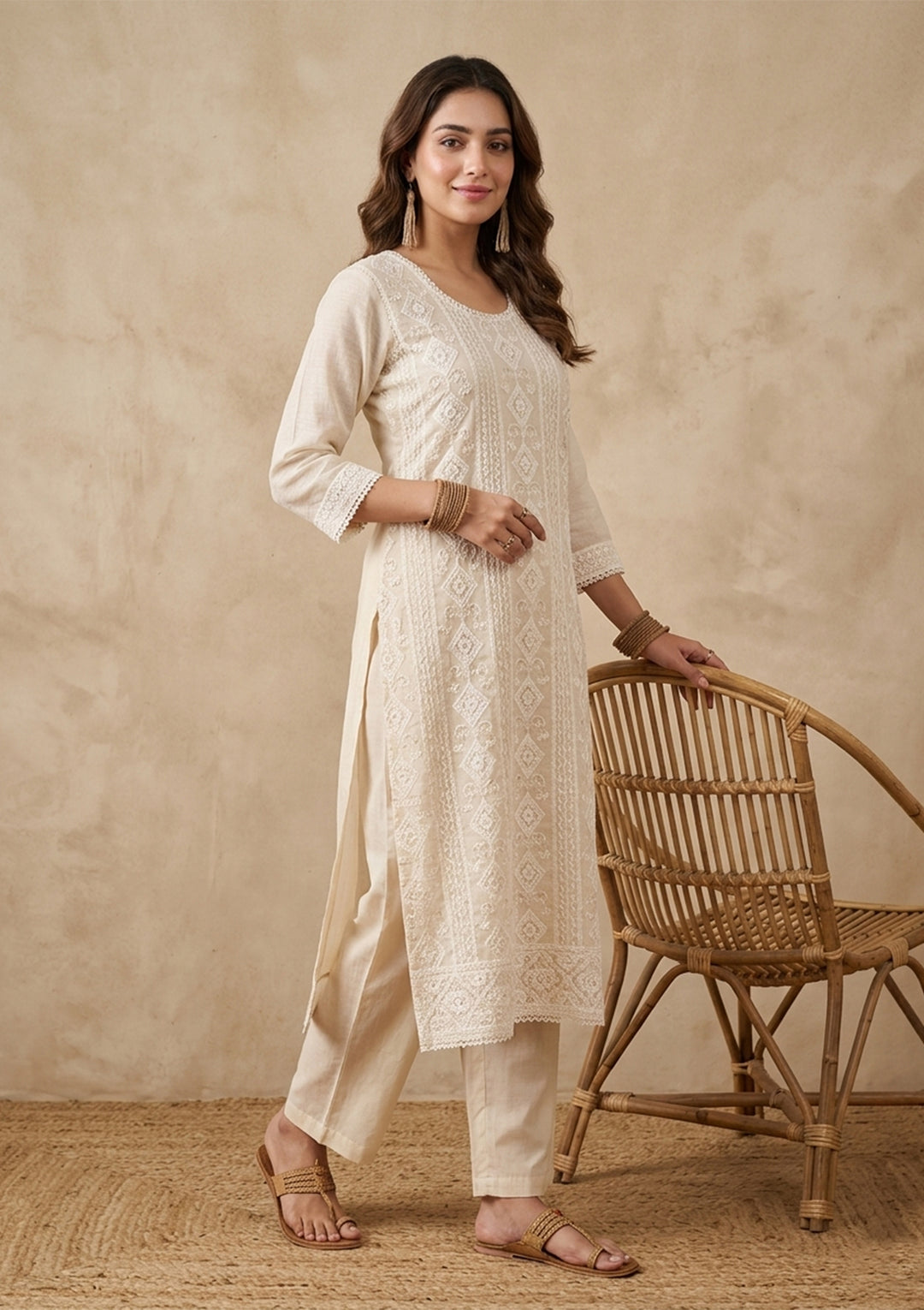 Cream Chanderi Threadwork Straight Kurta With Pant Regular And Dupatta