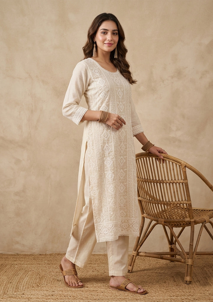 Cream Chanderi Threadwork Straight Kurta With Pant Regular And Dupatta