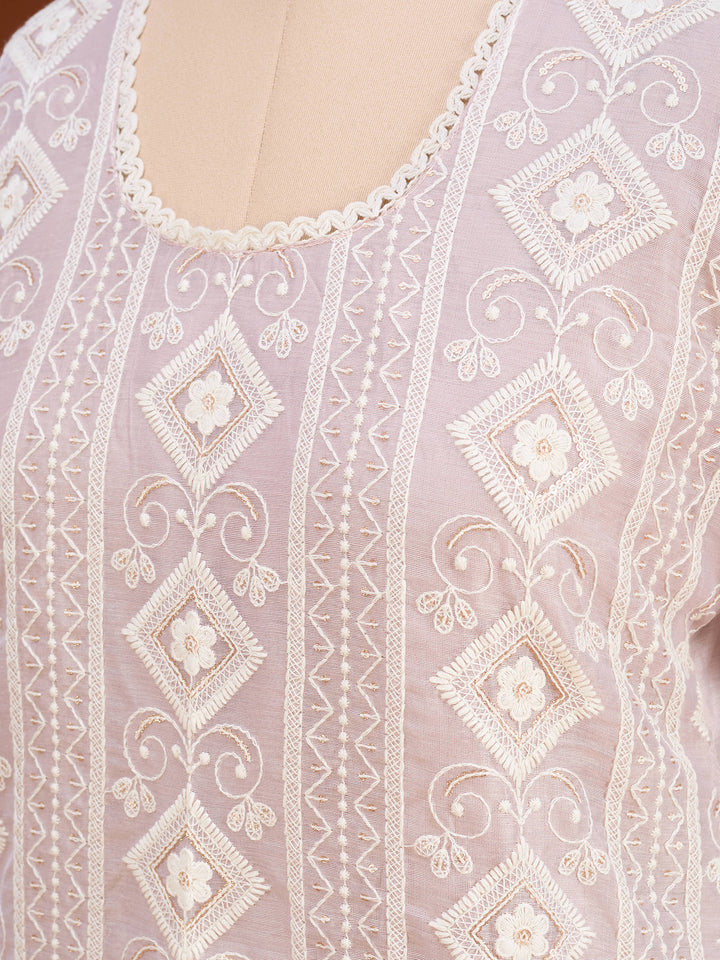 Mauve Threadwork Straight Kurta With Pant Regular And Dupatta