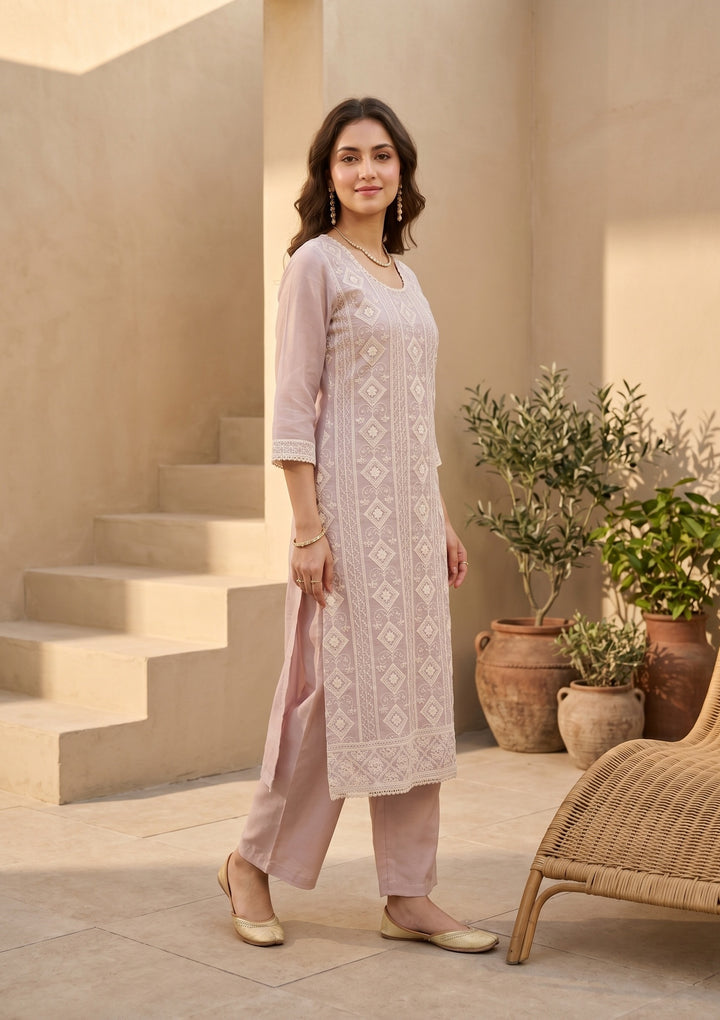 Mauve Threadwork Straight Kurta With Pant Regular And Dupatta