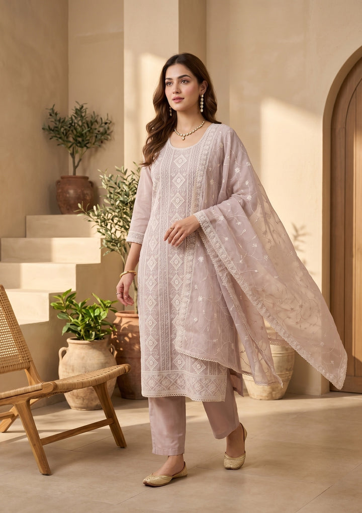 Mauve Threadwork Straight Kurta With Pant Regular And Dupatta