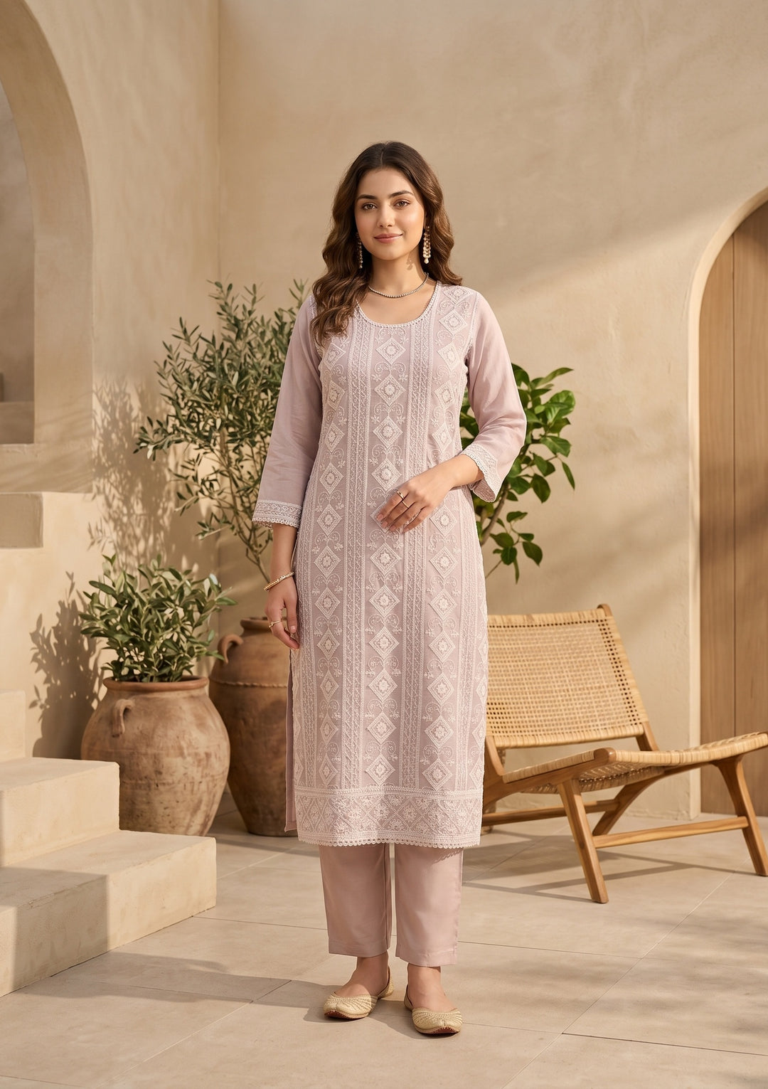 Mauve Threadwork Straight Kurta With Pant Regular And Dupatta