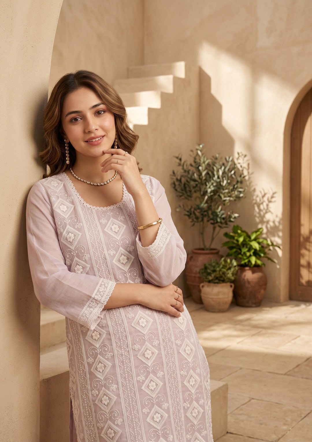 Mauve Threadwork Straight Kurta With Pant Regular And Dupatta