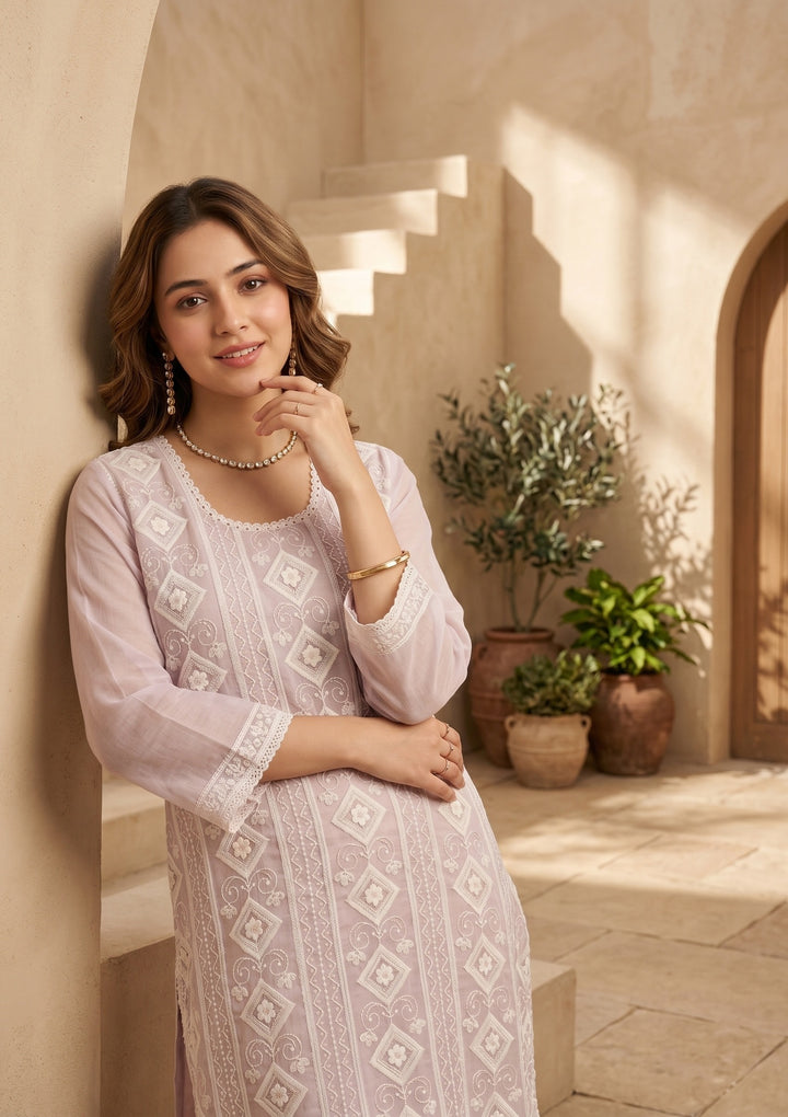 Mauve Threadwork Straight Kurta With Pant Regular And Dupatta