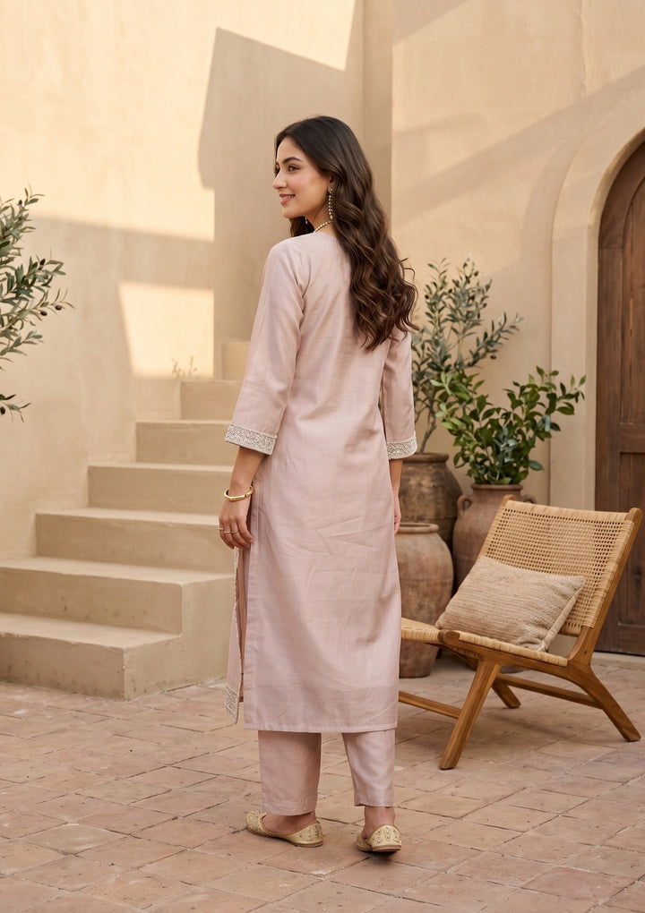 Mauve Threadwork Straight Kurta With Pant Regular And Dupatta