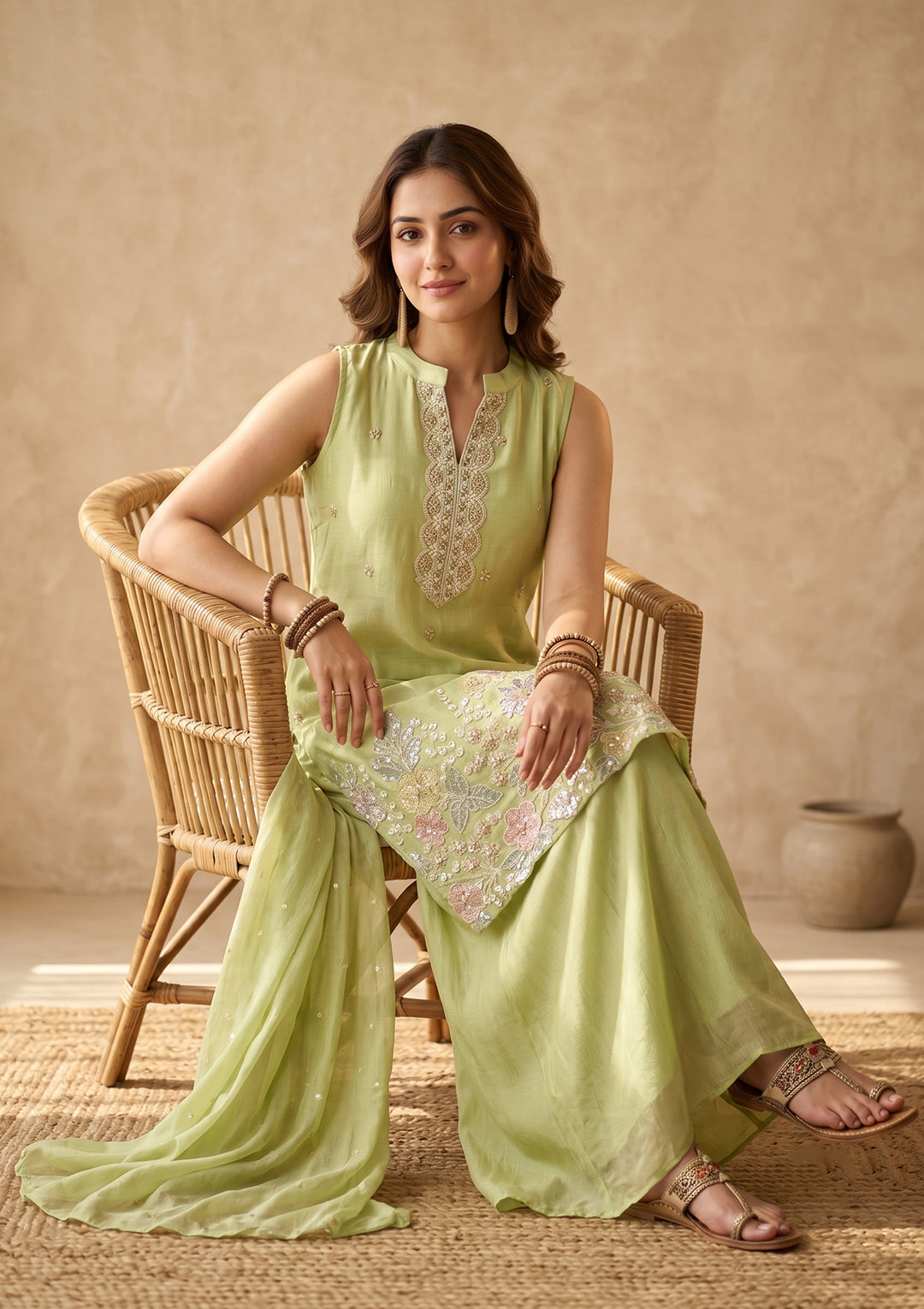 Pista Green Cutdana Tissue Readymade Salwar Suit