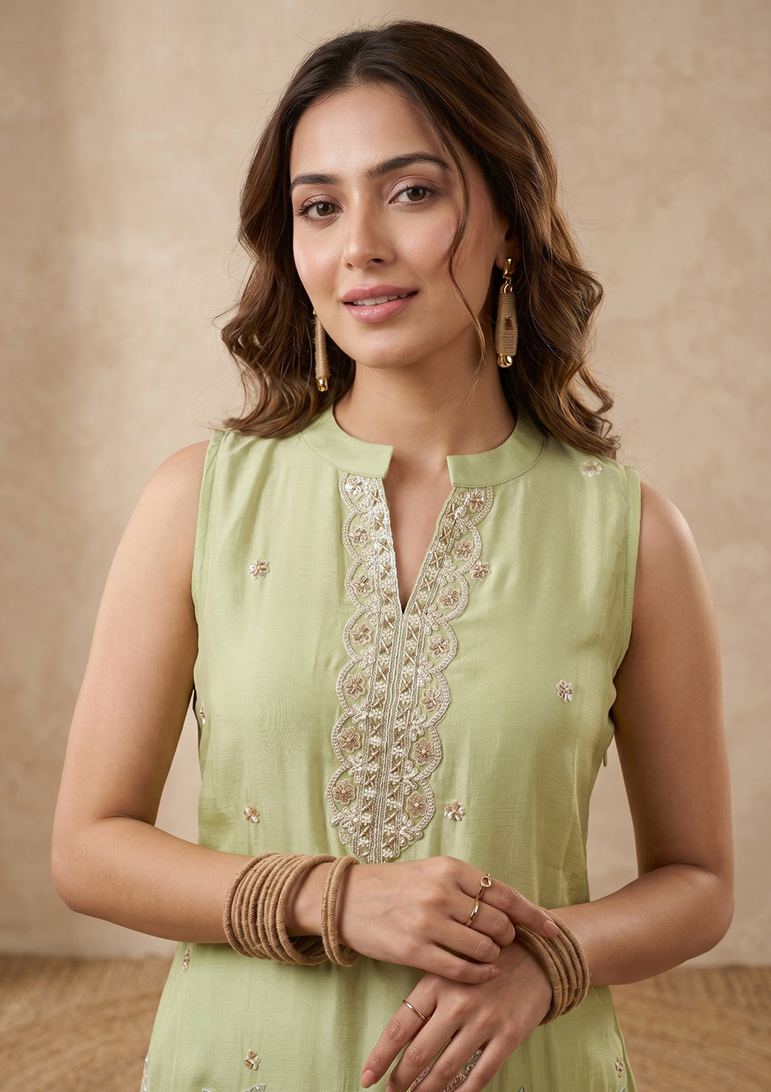 Pista Green Cutdana Tissue Readymade Salwar Suit