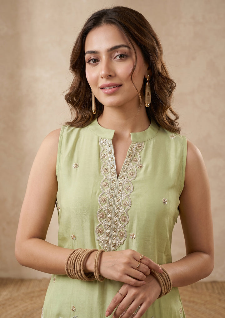 Pista Green Cutdana Tissue Readymade Salwar Suit