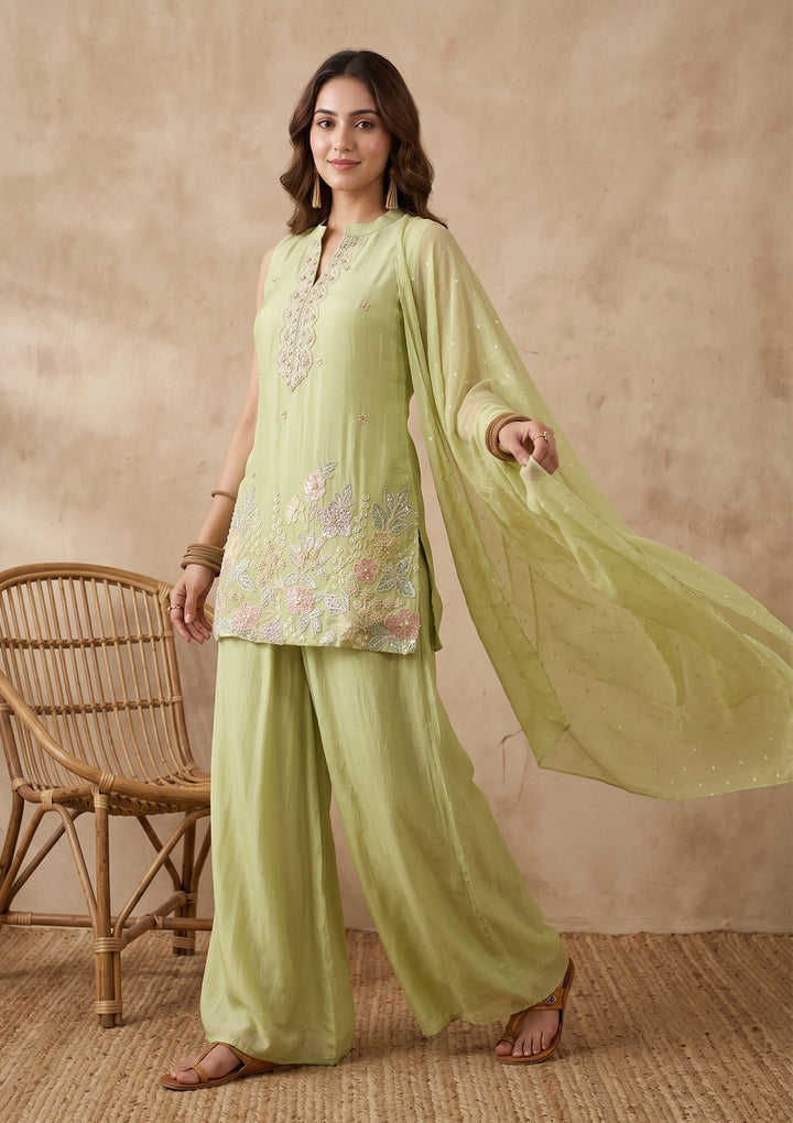 Pista Green Cutdana Tissue Readymade Salwar Suit