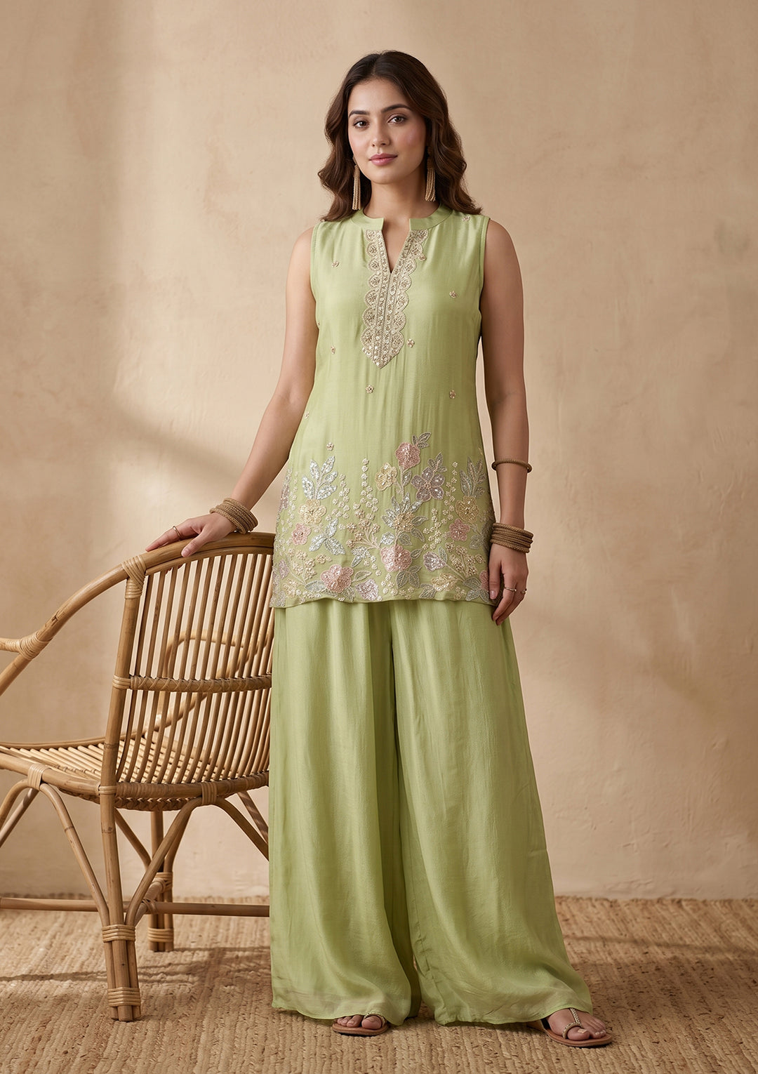Pista Green Cutdana Tissue Readymade Salwar Suit