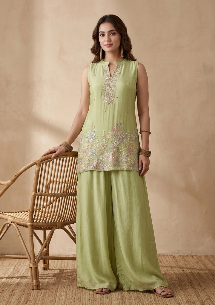 Pista Green Cutdana Tissue Readymade Salwar Suit