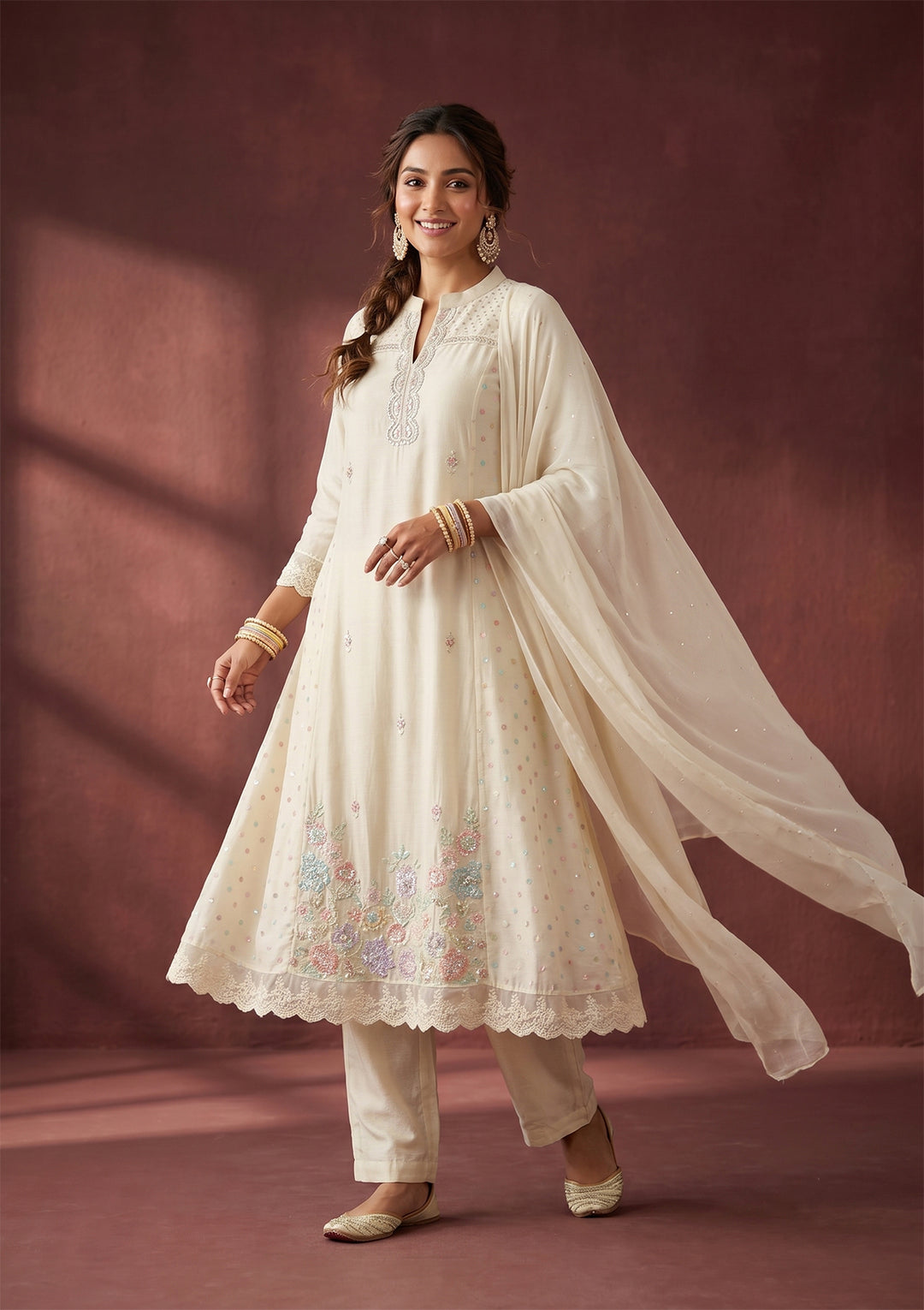 Cream Cutdana Tissue Readymade Salwar Suit