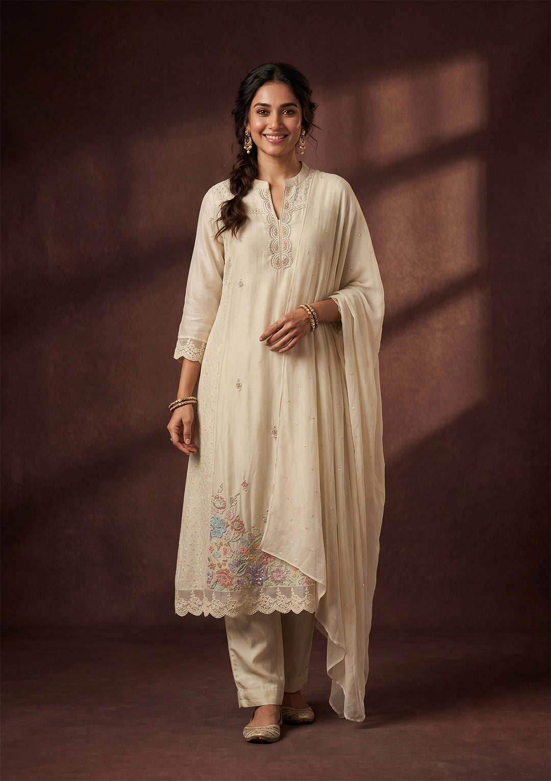 Cream Cutdana Tissue Readymade Salwar Suit