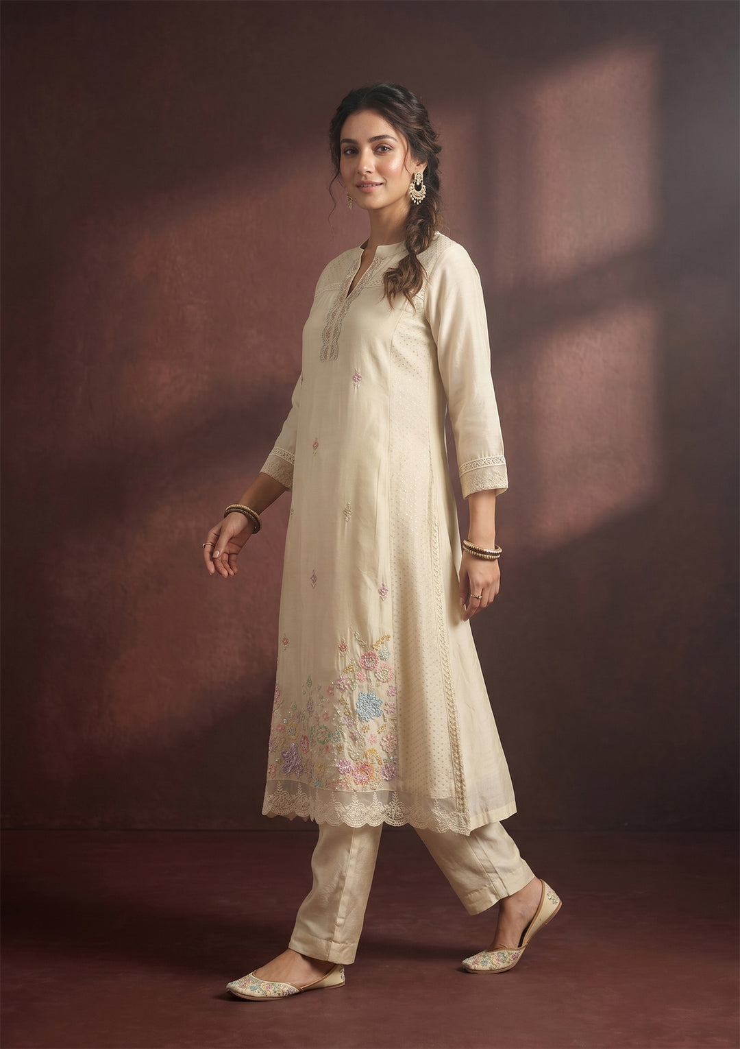 Cream Cutdana Tissue Readymade Salwar Suit