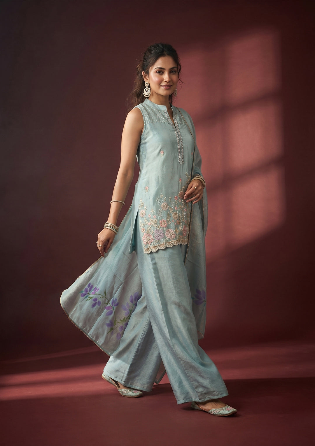 Sky Blue Cutdana Tissue Readymade Salwar Suit