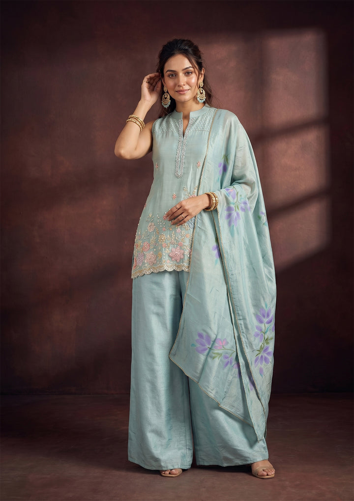 Sky Blue Cutdana Tissue Readymade Salwar Suit