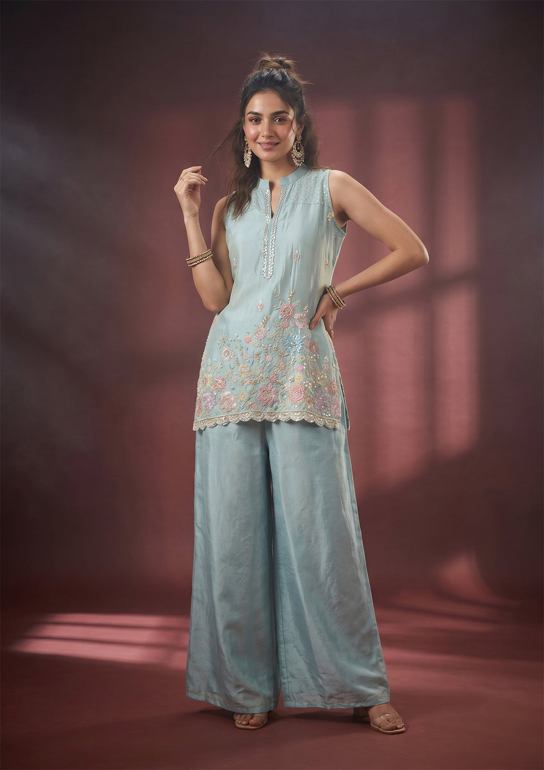 Sky Blue Cutdana Tissue Readymade Salwar Suit