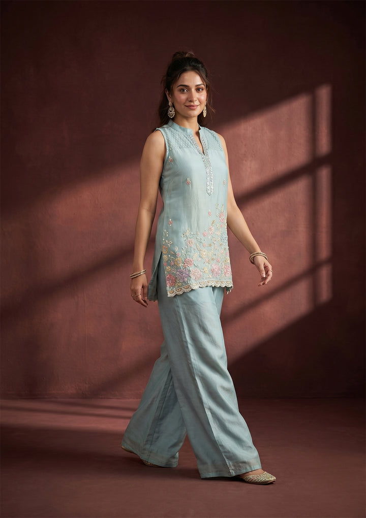 Sky Blue Cutdana Tissue Readymade Salwar Suit