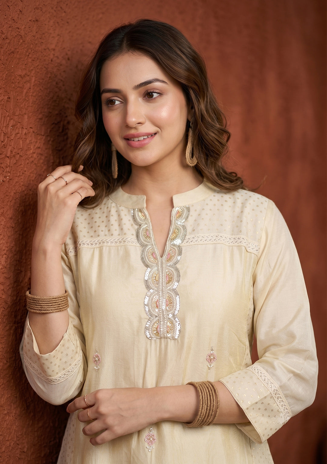 Cream Cutdana Tissue Readymade Salwar Suit