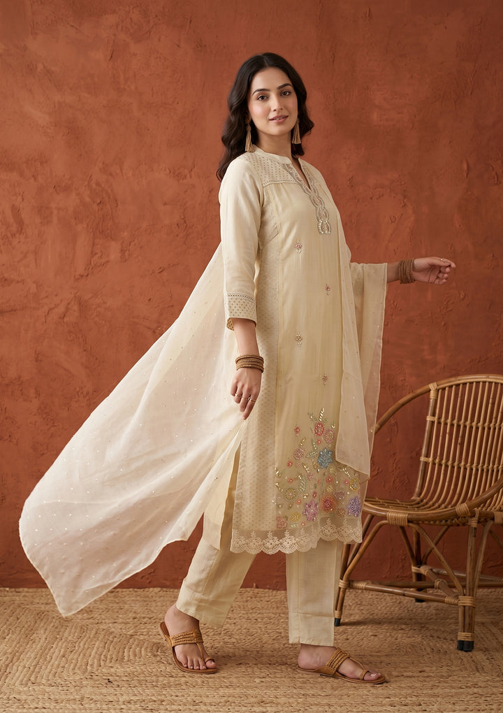 Cream Cutdana Tissue Readymade Salwar Suit