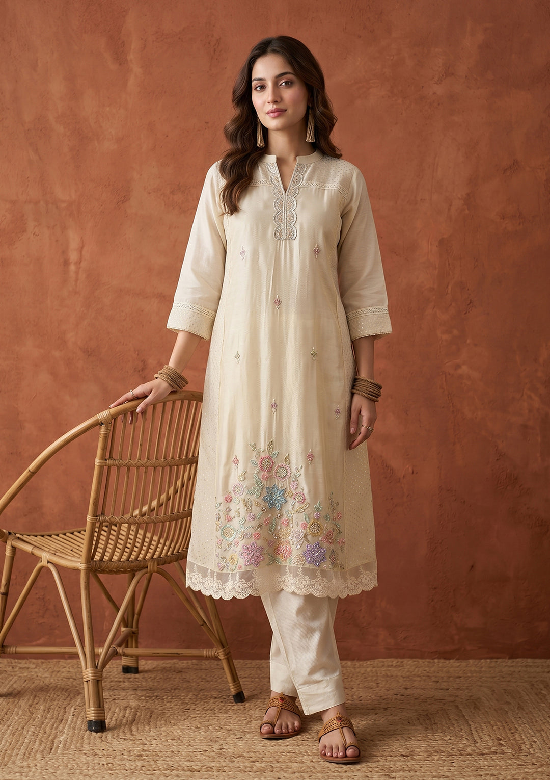 Cream Cutdana Tissue Readymade Salwar Suit
