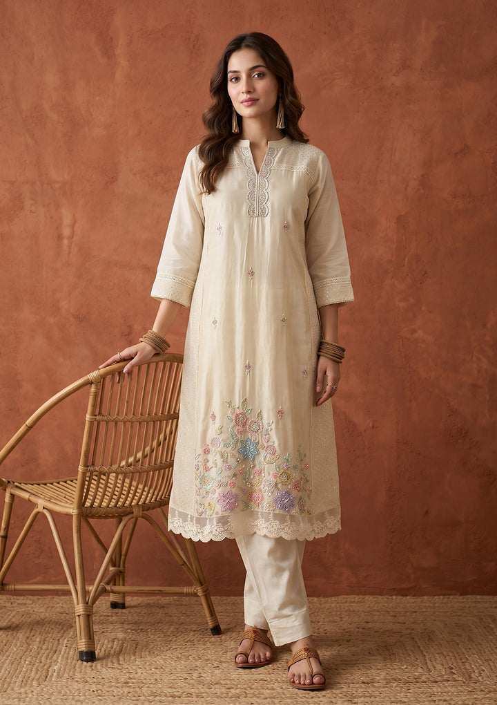 Cream Cutdana Tissue Readymade Salwar Suit