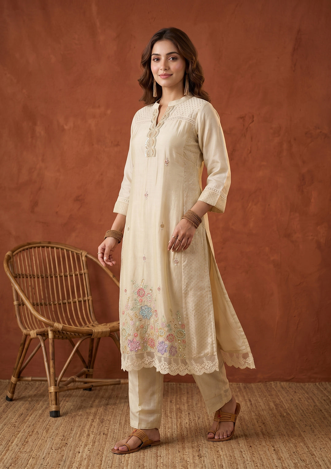 Cream Cutdana Tissue Readymade Salwar Suit