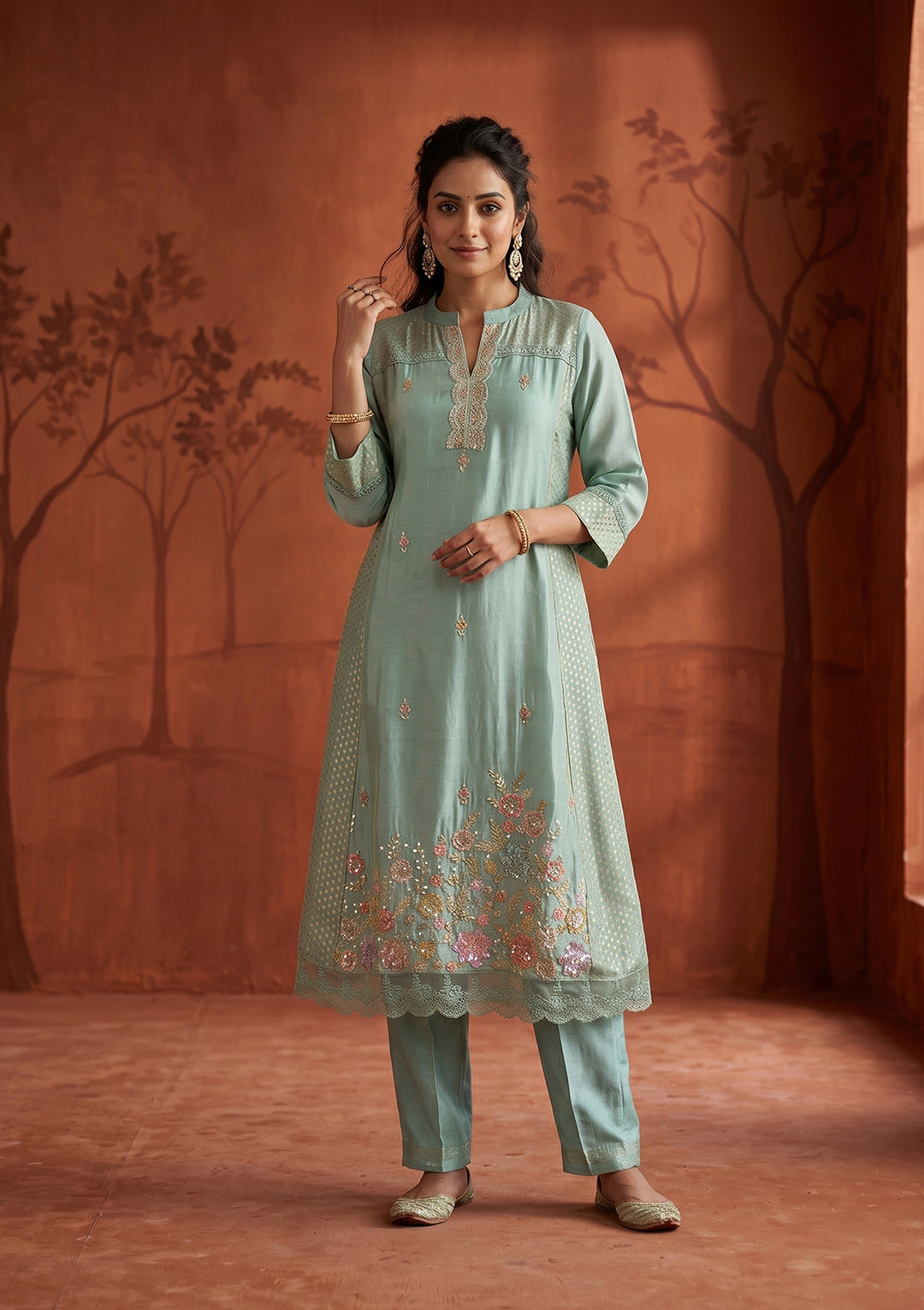 Sea Green Cutdana Tissue Readymade Salwar Suit