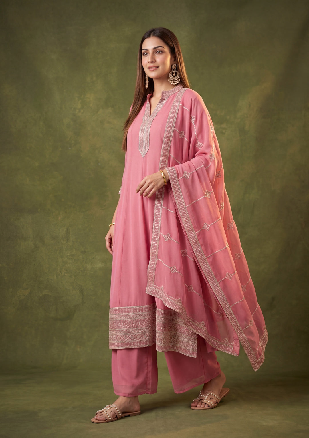 Onion Pink Georgette Gold Zariwork Anarkali Kurta With Palazzo And Dupatta