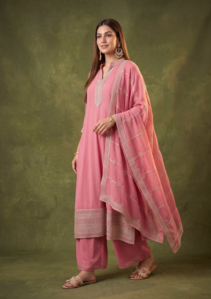 Onion Pink Georgette Gold Zariwork Anarkali Kurta With Palazzo And Dupatta