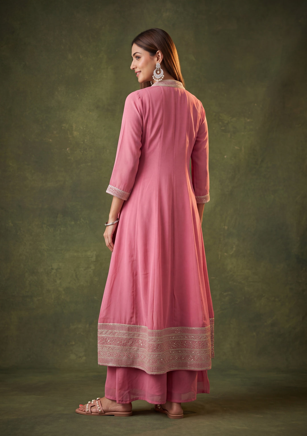 Onion Pink Georgette Gold Zariwork Anarkali Kurta With Palazzo And Dupatta