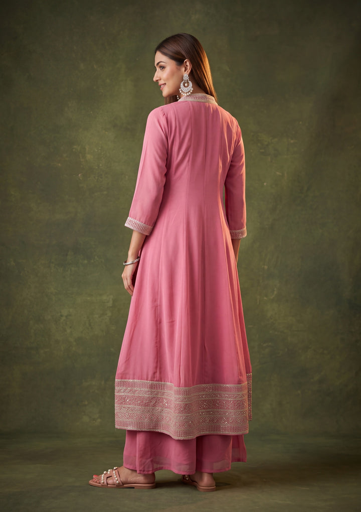 Onion Pink Georgette Gold Zariwork Anarkali Kurta With Palazzo And Dupatta