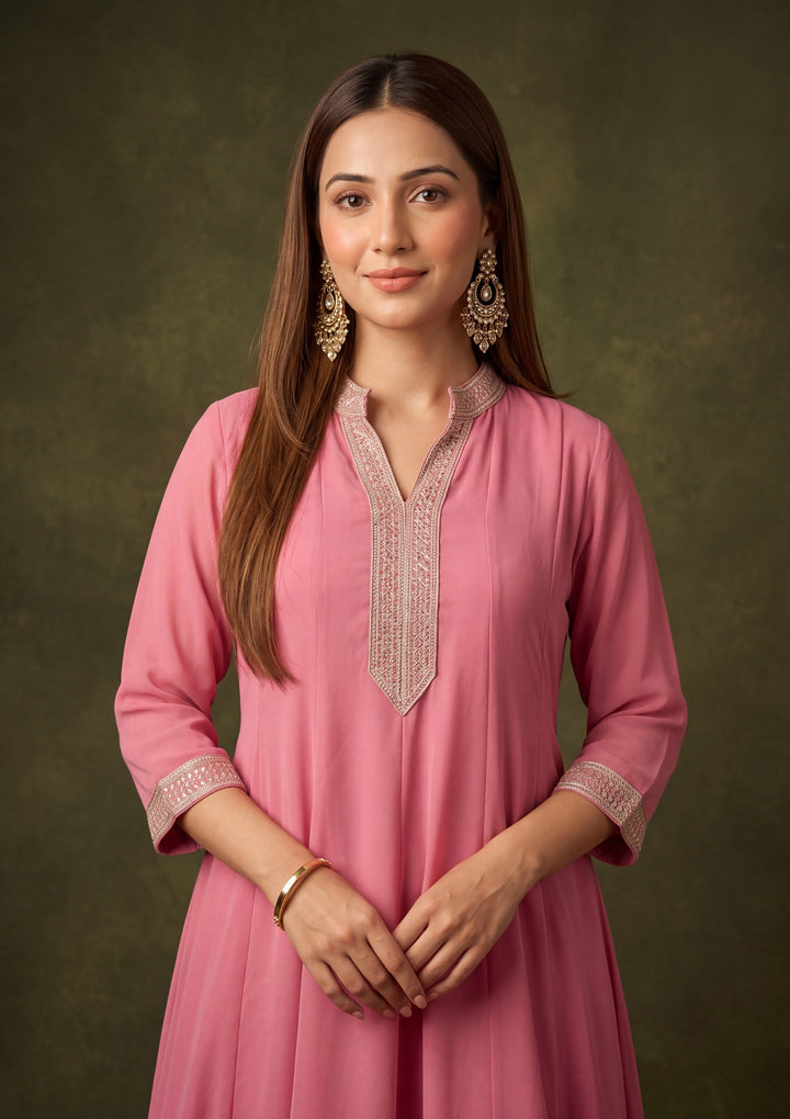 Onion Pink Georgette Gold Zariwork Anarkali Kurta With Palazzo And Dupatta