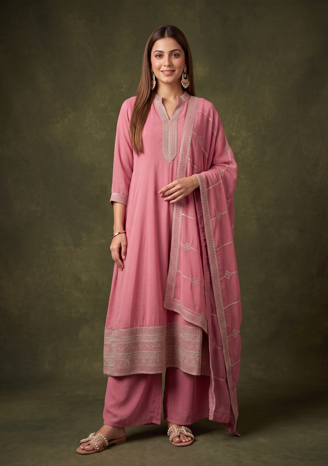 Onion Pink Georgette Gold Zariwork Anarkali Kurta With Palazzo And Dupatta