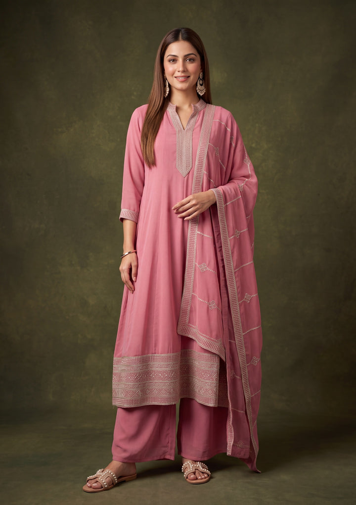 Onion Pink Georgette Gold Zariwork Anarkali Kurta With Palazzo And Dupatta