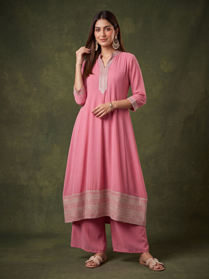 Onion Pink Georgette Gold Zariwork Anarkali Kurta With Palazzo And Dupatta